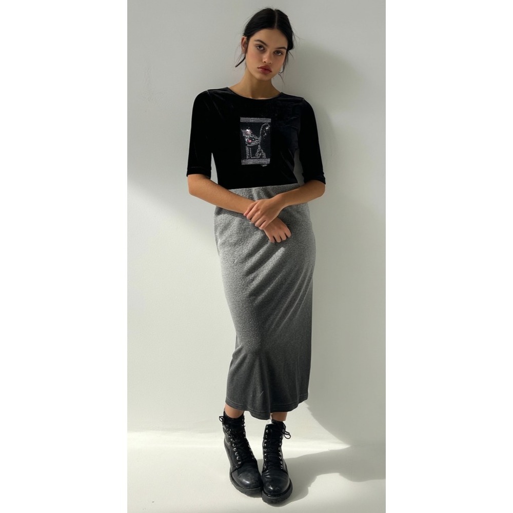 Cite Velour Cat-Fish Maxi Dress 3/4 Sleeve Gray Black Goth Boho Artsy